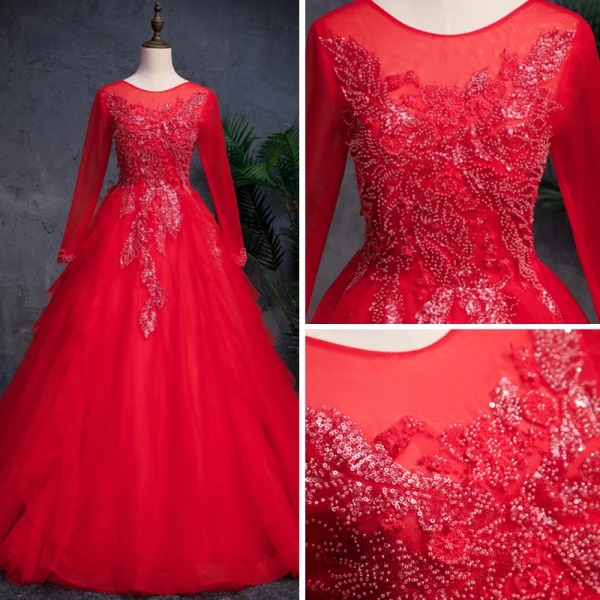 Chinese style Red Prom Dresses 2019 A-Line / Princess See-through Scoop Neck Long Sleeve Beading Sequins Floor-Length / Long Cascading Ruffles Formal Dresses