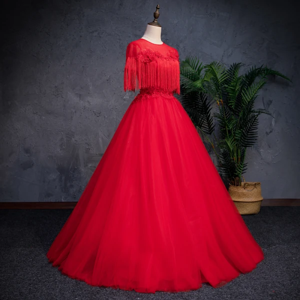 Chinese style Red See-through Prom Dresses 2019 A-Line / Princess Scoop Neck Sleeveless Appliques Lace Pearl Rhinestone Tassel Floor-Length / Long Ruffle Backless Formal Dresses