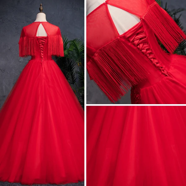 Chinese style Red See-through Prom Dresses 2019 A-Line / Princess Scoop Neck Sleeveless Appliques Lace Pearl Rhinestone Tassel Floor-Length / Long Ruffle Backless Formal Dresses