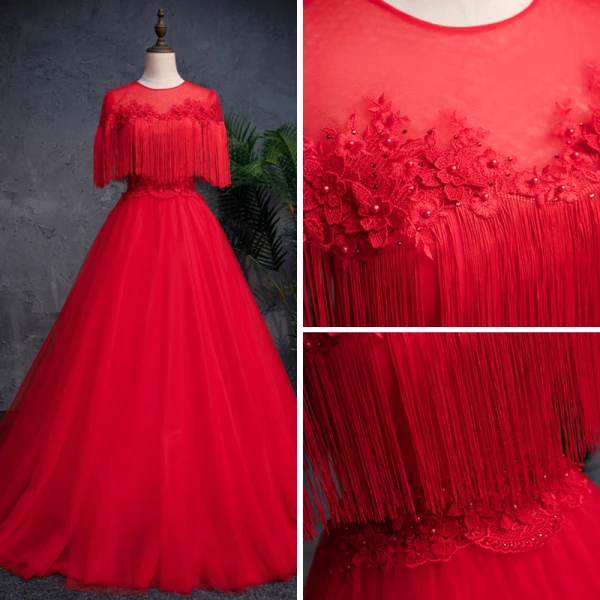 Chinese style Red See-through Prom Dresses 2019 A-Line / Princess Scoop Neck Sleeveless Appliques Lace Pearl Rhinestone Tassel Floor-Length / Long Ruffle Backless Formal Dresses