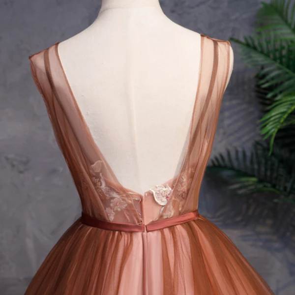 Moderne / Mode Marron Robe De Bal 2019 Princesse V-Cou Sans Manches Appliques En Dentelle Perle Perlage Ceinture Longue Volants Dos Nu Robe De Ceremonie