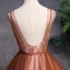 Moderne / Mode Marron Robe De Bal 2019 Princesse V-Cou Sans Manches Appliques En Dentelle Perle Perlage Ceinture Longue Volants Dos Nu Robe De Ceremonie