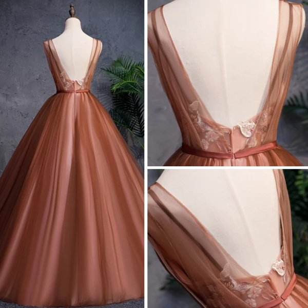Moderne / Mode Marron Robe De Bal 2019 Princesse V-Cou Sans Manches Appliques En Dentelle Perle Perlage Ceinture Longue Volants Dos Nu Robe De Ceremonie