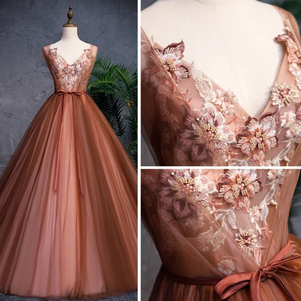 Moderne / Mode Marron Robe De Bal 2019 Princesse V-Cou Sans Manches Appliques En Dentelle Perle Perlage Ceinture Longue Volants Dos Nu Robe De Ceremonie