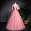 Chic / Beautiful Pearl Pink See-through Prom Dresses 2019 A-Line / Princess Scoop Neck Short Sleeve Appliques Lace Pearl Floor-Length / Long Ruffle Backless Formal Dresses