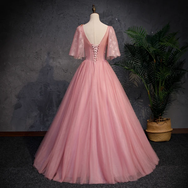 Chic / Beautiful Pearl Pink See-through Prom Dresses 2019 A-Line / Princess Scoop Neck Short Sleeve Appliques Lace Pearl Floor-Length / Long Ruffle Backless Formal Dresses