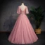 Chic / Beautiful Pearl Pink See-through Prom Dresses 2019 A-Line / Princess Scoop Neck Short Sleeve Appliques Lace Pearl Floor-Length / Long Ruffle Backless Formal Dresses