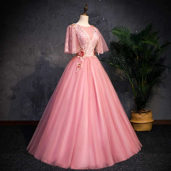 Chic / Beautiful Pearl Pink See-through Prom Dresses 2019 A-Line / Princess Scoop Neck Short Sleeve Appliques Lace Pearl Floor-Length / Long Ruffle Backless Formal Dresses