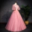 Chic / Beautiful Pearl Pink See-through Prom Dresses 2019 A-Line / Princess Scoop Neck Short Sleeve Appliques Lace Pearl Floor-Length / Long Ruffle Backless Formal Dresses