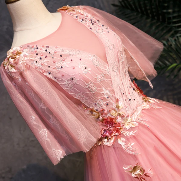 Chic / Beautiful Pearl Pink See-through Prom Dresses 2019 A-Line / Princess Scoop Neck Short Sleeve Appliques Lace Pearl Floor-Length / Long Ruffle Backless Formal Dresses