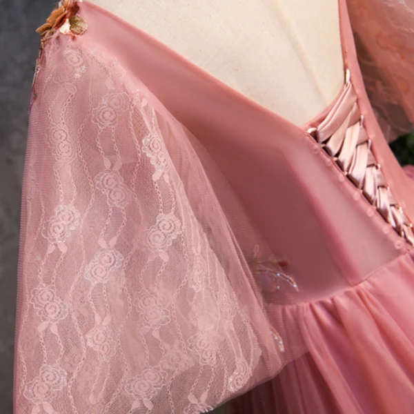 Chic / Beautiful Pearl Pink See-through Prom Dresses 2019 A-Line / Princess Scoop Neck Short Sleeve Appliques Lace Pearl Floor-Length / Long Ruffle Backless Formal Dresses