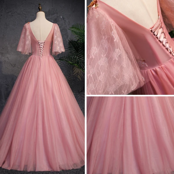 Chic / Beautiful Pearl Pink See-through Prom Dresses 2019 A-Line / Princess Scoop Neck Short Sleeve Appliques Lace Pearl Floor-Length / Long Ruffle Backless Formal Dresses