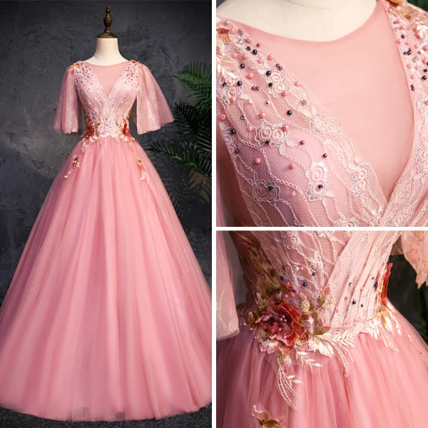 Chic / Beautiful Pearl Pink See-through Prom Dresses 2019 A-Line / Princess Scoop Neck Short Sleeve Appliques Lace Pearl Floor-Length / Long Ruffle Backless Formal Dresses