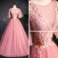 Chic / Beautiful Pearl Pink See-through Prom Dresses 2019 A-Line / Princess Scoop Neck Short Sleeve Appliques Lace Pearl Floor-Length / Long Ruffle Backless Formal Dresses