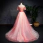 Modern / Fashion Watermelon Gradient-Color Prom Dresses 2019 A-Line / Princess Off-The-Shoulder Short Sleeve Appliques Lace Pearl Sash Sweep Train Ruffle Backless Formal Dresses