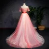 Modern / Fashion Watermelon Gradient-Color Prom Dresses 2019 A-Line / Princess Off-The-Shoulder Short Sleeve Appliques Lace Pearl Sash Sweep Train Ruffle Backless Formal Dresses