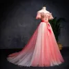 Modern / Fashion Watermelon Gradient-Color Prom Dresses 2019 A-Line / Princess Off-The-Shoulder Short Sleeve Appliques Lace Pearl Sash Sweep Train Ruffle Backless Formal Dresses