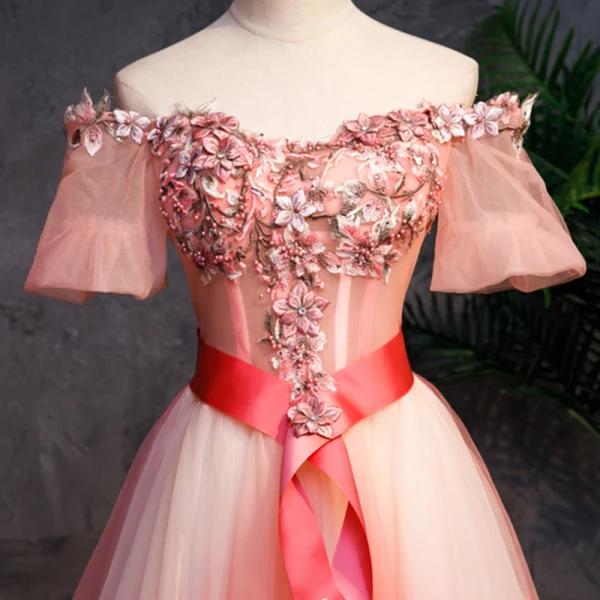 Modern / Fashion Watermelon Gradient-Color Prom Dresses 2019 A-Line / Princess Off-The-Shoulder Short Sleeve Appliques Lace Pearl Sash Sweep Train