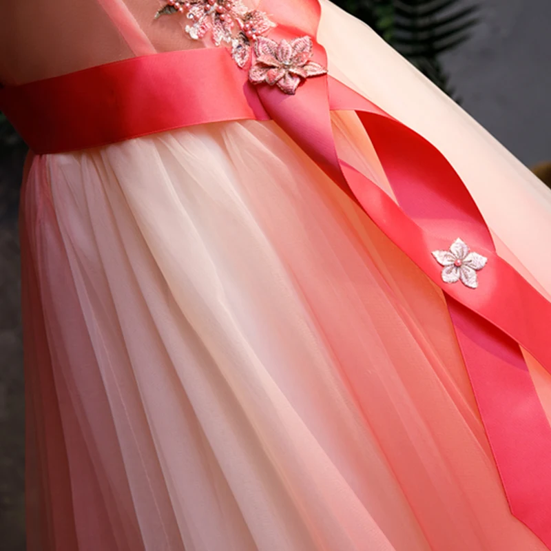 Modern Fashion Watermelon Gradient Color Prom Dresses 2019 A Line Princess  Off The Shoulder Short Sleeve Appliques Lace Pearl Sash Sweep Train Ruffle  Backless Formal Dresses