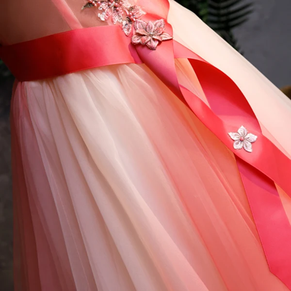 Modern / Fashion Watermelon Gradient-Color Prom Dresses 2019 A-Line / Princess Off-The-Shoulder Short Sleeve Appliques Lace Pearl Sash Sweep Train