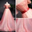 Modern / Fashion Watermelon Gradient-Color Prom Dresses 2019 A-Line / Princess Off-The-Shoulder Short Sleeve Appliques Lace Pearl Sash Sweep Train Ruffle Backless Formal Dresses