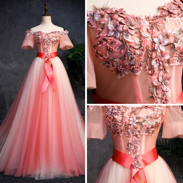 Modern / Fashion Watermelon Gradient-Color Prom Dresses 2019 A-Line / Princess Off-The-Shoulder Short Sleeve Appliques Lace Pearl Sash Sweep Train Ruffle Backless Formal Dresses