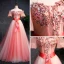 Modern / Fashion Watermelon Gradient-Color Prom Dresses 2019 A-Line / Princess Off-The-Shoulder Short Sleeve Appliques Lace Pearl Sash Sweep Train Ruffle Backless Formal Dresses