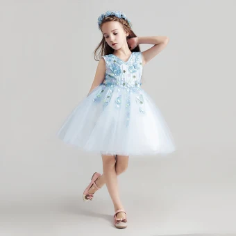 Chic Belle Bleu Ciel Robe Ceremonie Fille 2017 Robe Boule V Cou Sans Manches Appliques Fleur En Dentelle Courte Volants Robe Pour Mariage