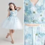 Chic / Beautiful Sky Blue Flower Girl Dresses 2017 Ball Gown V-Neck Sleeveless Appliques Flower Lace Short Ruffle Wedding Party Dresses