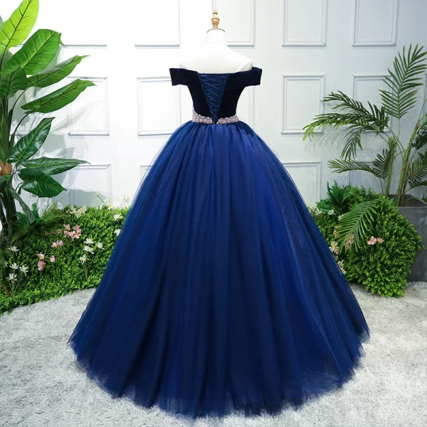 Elegant Royal Blue Prom Dresses 2019 Ball Gown Off-The-Shoulder Short Sleeve  Pearl Floor-Length /