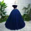 Elegant Royal Blue Prom Dresses 2019 Ball Gown Off-The-Shoulder Short Sleeve Pearl Floor-Length / Long Ruffle Backless Formal Dresses