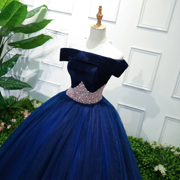 Elegant Royal Blue Prom Dresses 2019 Ball Gown Off-The-Shoulder Short Sleeve Pearl Floor-Length / Long Ruffle Backless Formal Dresses