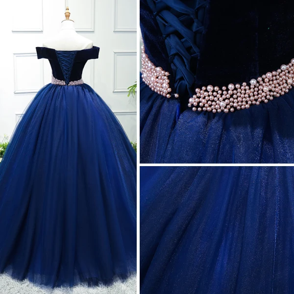 Elegant Royal Blue Prom Dresses 2019 Ball Gown Off-The-Shoulder Short Sleeve Pearl Floor-Length / Long Ruffle Backless Formal Dresses