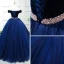 Elegant Royal Blue Prom Dresses 2019 Ball Gown Off-The-Shoulder Short Sleeve Pearl Floor-Length / Long Ruffle Backless Formal Dresses