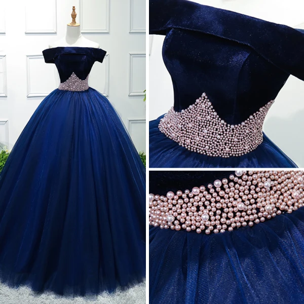 Elegant Royal Blue Prom Dresses 2019 Ball Gown Off-The-Shoulder Short Sleeve Pearl Floor-Length / Long Ruffle Backless Formal Dresses