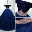 Elegant Royal Blue Prom Dresses 2019 Ball Gown Off-The-Shoulder Short Sleeve Pearl Floor-Length / Long Ruffle Backless Formal Dresses