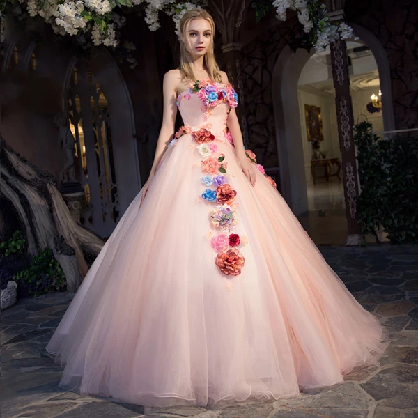 Flower Fairy Pearl Pink Prom Dresses 2019 A-Line / Princess Strapless Sleeveless Appliques Flower Floor-Length / Long Ruffle Backless Formal Dresses