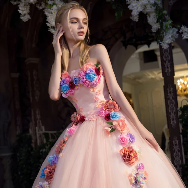Flower Fairy Pearl Pink Prom Dresses 2019 A-Line / Princess Strapless Sleeveless Appliques Flower Floor-Length / Long Ruffle Backless Formal Dresses