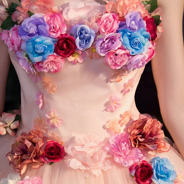 Flower Fairy Pearl Pink Prom Dresses 2019 A-Line / Princess Strapless Sleeveless Appliques Flower Floor-Length / Long Ruffle Backless Formal Dresses