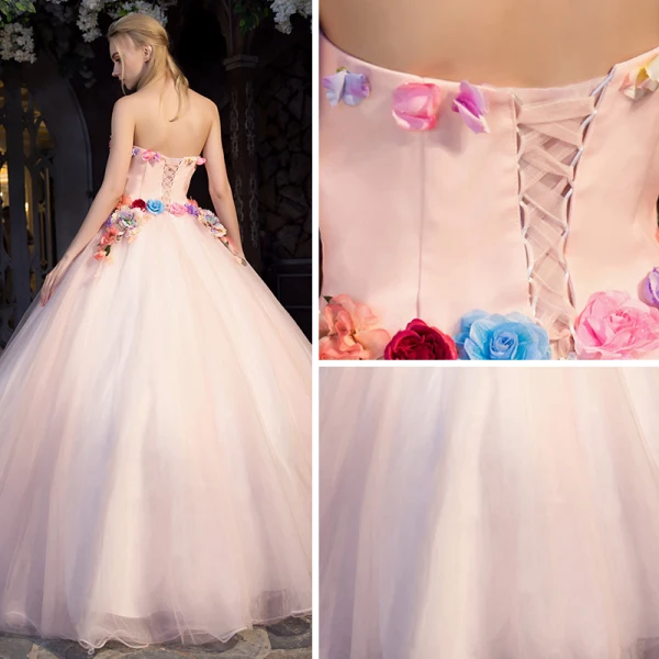 Flower Fairy Pearl Pink Prom Dresses 2019 A-Line / Princess Strapless Sleeveless Appliques Flower Floor-Length / Long Ruffle Backless Formal Dresses