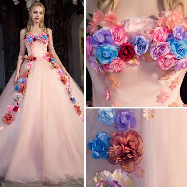 Flower Fairy Pearl Pink Prom Dresses 2019 A-Line / Princess Strapless Sleeveless Appliques Flower Floor-Length / Long Ruffle Backless Formal Dresses