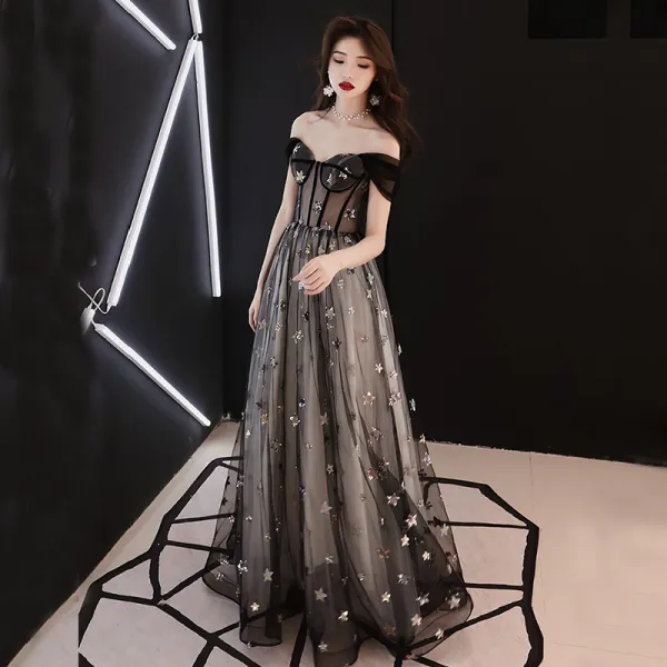 Elegant Black See-through Prom Dresses 2019 A-Line / Princess Off-The-Shoulder Short Sleeve Star Appliques Sequins Floor-Length / Long Ruffle Backless Formal Dresses