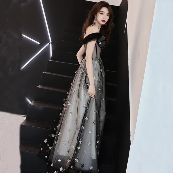Elegant Black See-through Prom Dresses 2019 A-Line / Princess Off-The-Shoulder Short Sleeve Star Appliques Sequins Floor-Length / Long Ruffle Backless Formal Dresses