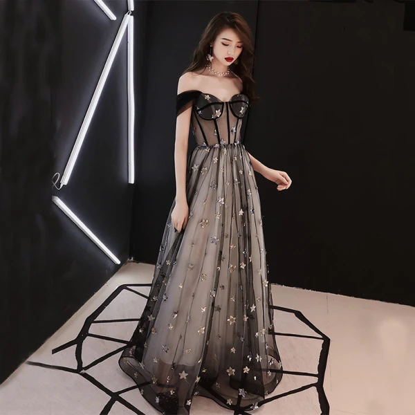Elegant Black See-through Prom Dresses 2019 A-Line / Princess Off-The-Shoulder Short Sleeve Star Appliques Sequins Floor-Length / Long Ruffle Backless Formal Dresses