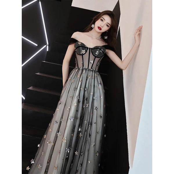 Elegant Black See-through Prom Dresses 2019 A-Line / Princess Off-The-Shoulder Short Sleeve Star Appliques Sequins Floor-Length / Long Ruffle Backless Formal Dresses