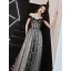 Elegant Black See-through Prom Dresses 2019 A-Line / Princess Off-The-Shoulder Short Sleeve Star Appliques Sequins Floor-Length / Long Ruffle Backless Formal Dresses
