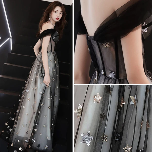 Elegant Black See-through Prom Dresses 2019 A-Line / Princess Off-The-Shoulder Short Sleeve Star Appliques Sequins Floor-Length / Long Ruffle Backless Formal Dresses