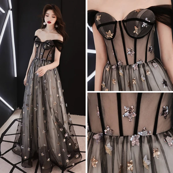Elegant Black See-through Prom Dresses 2019 A-Line / Princess Off-The-Shoulder Short Sleeve Star Appliques Sequins Floor-Length / Long Ruffle Backless Formal Dresses
