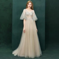 Luxury / Gorgeous Champagne See-through Evening Dresses  2019 A-Line / Princess V-Neck Bell sleeves Beading Sweep Train Ruffle Backless Formal Dresses