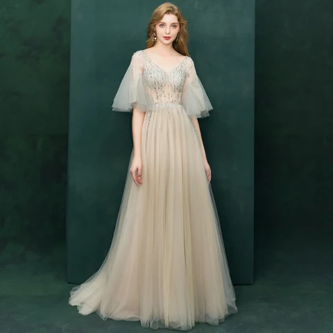 Luxe Champagne Transparentes Robe De Soirée 2019 Princesse V-Cou Manches de cloche Perlage Train De Balayage Volants Dos Nu Robe De Ceremonie